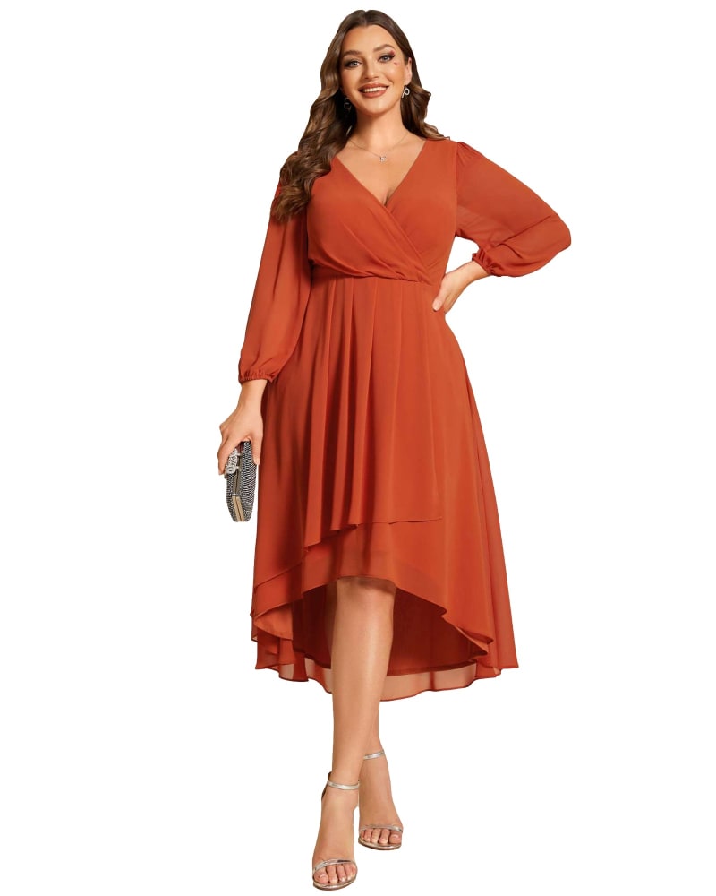 Front of a model wearing a size 16 Long Sleeves Asymmetrical Hem A-Line Midi Wedding Guest Dress in Burnt Orange by Ever-Pretty. | dia_product_style_image_id:321680